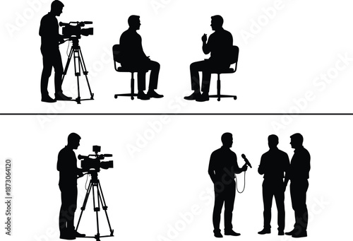 Video interview silhouette, media production, camera operator, journalist scene, microphone action, professional setup, filming session, press coverage, broadcast moment, interview pose