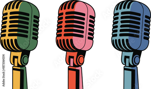 “Futuristic Neon Microphone Icons Set – Digital Podcast, Music Streaming and Voice Recording Technology Illustration”