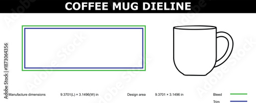 A technical diagram of a coffee mug dyeline with design specifications