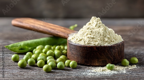 A wooden spoon scoops pea protein powder beside a small bowl and fresh green peas
