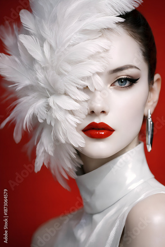 Elegant Woman with Feather Fashion Makeup