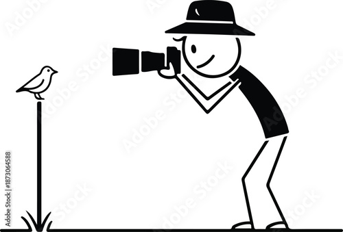 Stick figure photographer with hat capturing image of small bird perched on a stick.