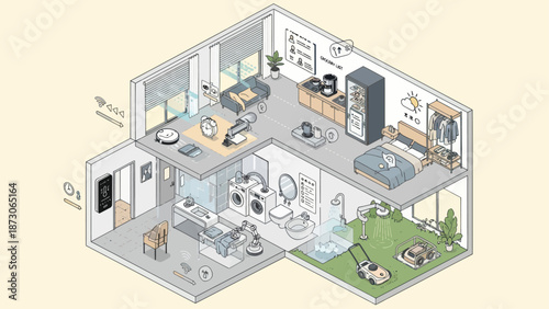 Isometric smart home with automated devices and digital control.