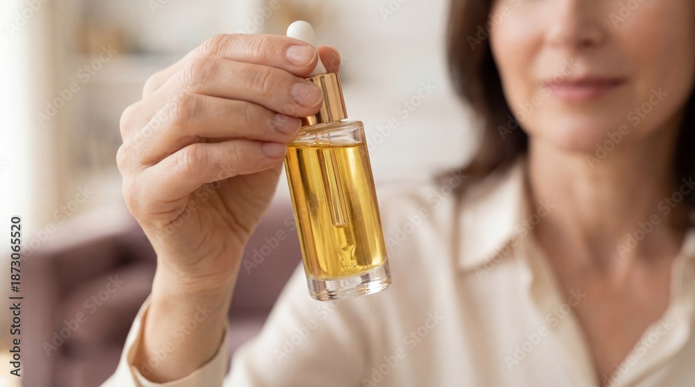Fototapeta premium Mature woman holding natural beauty serum bottle