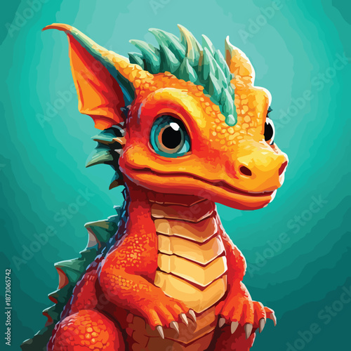Adorable Baby Dragon with Orange and Teal Scales.