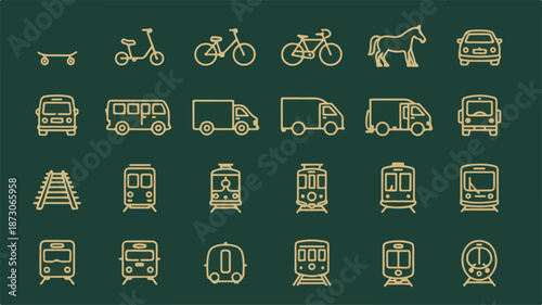 A collection of minimalist icons featuring transport and travel symbols in a grid layout