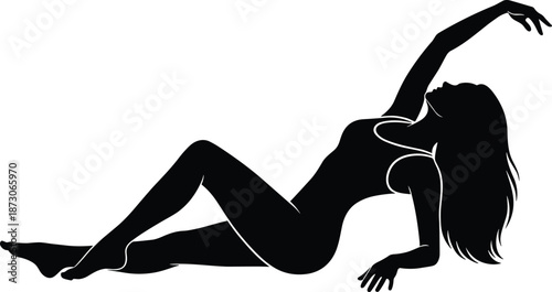 Female silhouette reclining pose illustration, elegant body shape and graceful movement, fashion art concept, beauty and femininity isolated on white background