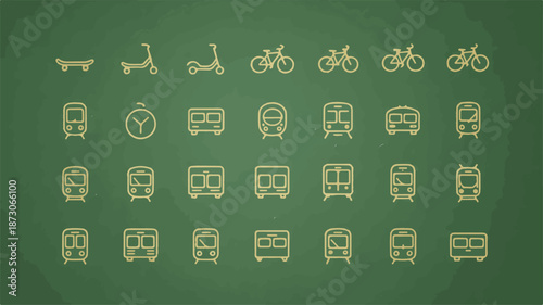 Collection of minimalist icons depicting various transportation modes and vehicles on a green background
