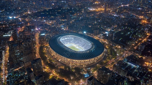 Aerial cityscape view at dusk featuring a large, illuminated stadium amidst urban lights
