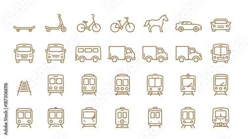 A collection of minimalist icons representing various transport modes and vehicles in a grid layout