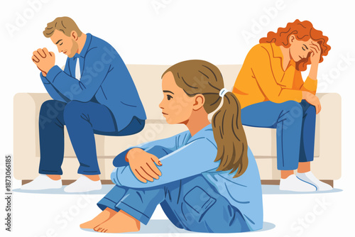 Sad parents and a child turning their backs on each other after an emotional conflict.