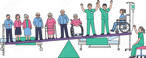Healthcare balance illustration showing patients and medical staff, hospital care equality concept, doctors nurses supporting elderly and disabled people on white background