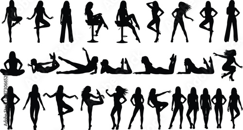 Female silhouette poses collection, fashion model and dance movements set, elegant body shapes, artistic women figures illustration isolated on white background
