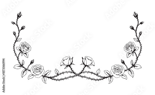 Hand-drawn thorny rose vine border, botanical line art frame with flowers and buds, black and white sketch.