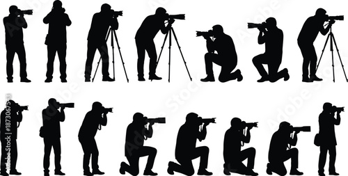 Photographer silhouettes set capturing photos with camera and tripod, professional photography poses, paparazzi and photojournalism concept isolated on white background