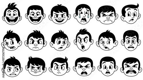 Set of Diverse Cartoon Boy Faces Expressing Various Emotions and Feelings