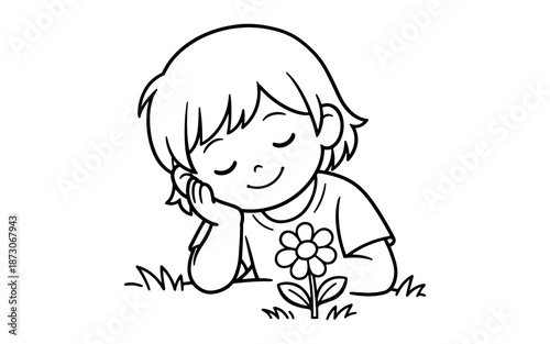 Cute cartoon child resting chin on hand with eyes closed and a flower nearby