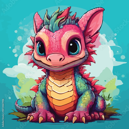 Adorable Baby Dragon Cartoon Character with Big Eyes and Spikes.
