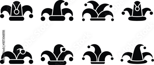 Black and white jester hats with different silhouettes