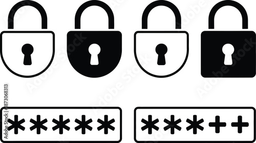 Black and white padlock with password symbols security