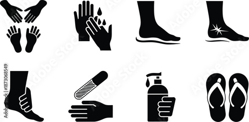 Black silhouettes of hands and feet with hygiene and foot care white