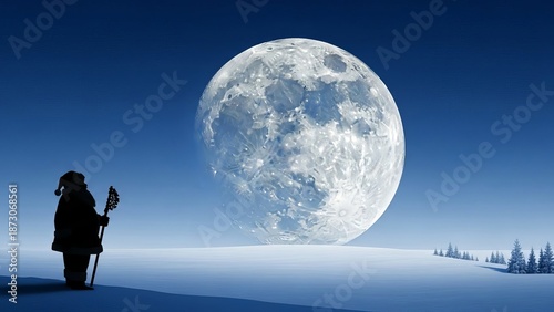 Santa Claus stands on snowy hill gazing at giant moon