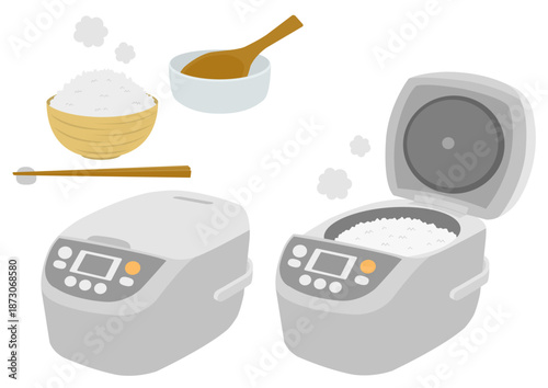 白い炊飯器と茶碗としゃもじのイラストのセット