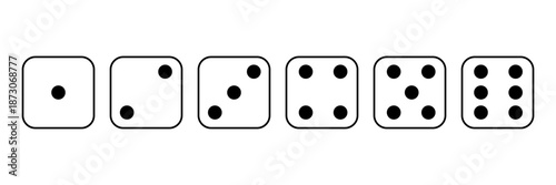 Diceline icons. Traditional die with six faces of cube marked with different numbers of dots or pips from 1 to 6. Vector illustration isolated on white background