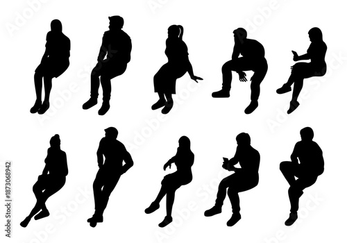 isometric people sitting without chair silhouette set for architectural, lifestyle men and women, messaging, using phone. black shadow illustration.