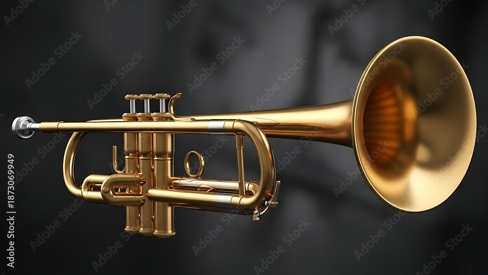 Obraz premium A shiny trumpet lies on a dark background, showcasing its brass instrument details clearly.