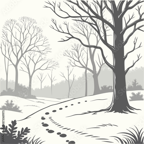 Flat vector illustration depicting a harsh winter scene where animals or people face scarcity and survival challenges.