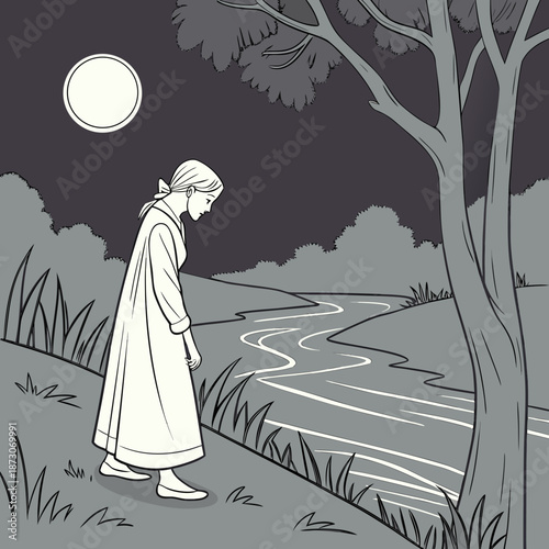 Flat vector illustration depicting a mysterious, ghostly woman wandering near a river at night in a stylized scene.