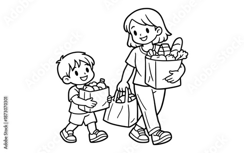 Mother and son happily carrying grocery bags filled with food after shopping
