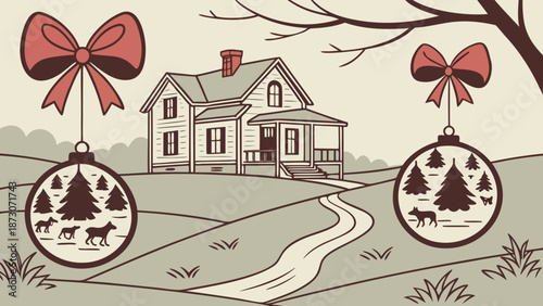 Festive Farmhouse Christmas Scene with Ornament Decorations.