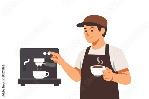 Young asian male barista making espresso with coffee machine