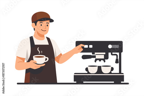 Asian male barista using espresso machine making coffee in café