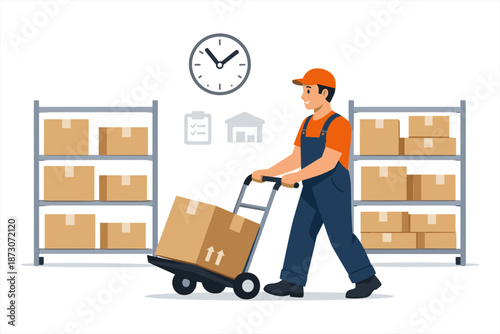 Young hispanic male worker moving cart with boxes in warehouse setting