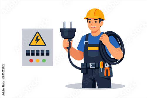 Male electrician holding power cord and plug with electrical panel