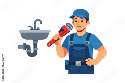 Male plumber with wrench and sink illustration