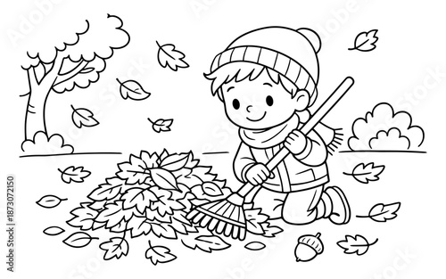 Cute cartoon boy raking leaves in autumn, enjoying the fall season outdoors