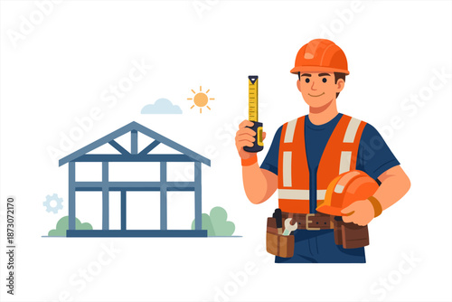 Young caucasian male construction worker holding tape measure and hard hat near house frame