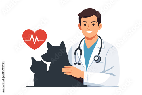 Young caucasian male veterinarian caring for dog and cat with heart symbol