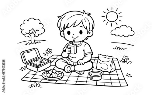 Cute cartoon boy enjoying a juice box during a sunny outdoor picnic with snacks