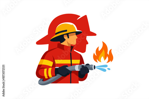 Firefighter extinguishing flames: male adult in uniform battling fire