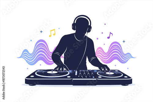 Silhouette of dj mixing music with turntables and headphones