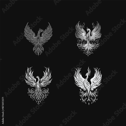 Set of majestic vintage hand drawn engraving illustrations featuring phoenix birds with spreading wings and flaming tails on a black background