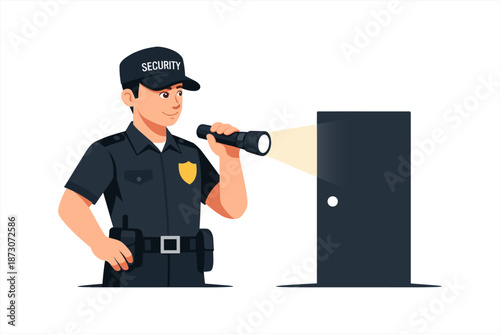 Male security guard exploring dark room with flashlight