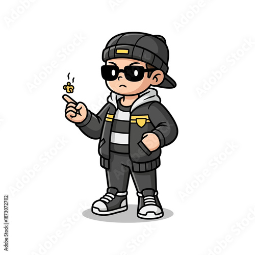 A cartoon vector illustration of a smiling boy character in a police uniform and hat wearing handcuffs as a fun Halloween art drawing