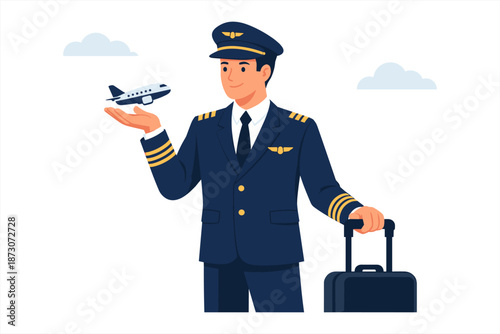 Caucasian male pilot in uniform holding airplane model with luggage against cloudy sky
