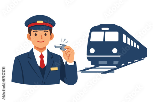 Smiling male conductor whistling train departure in uniform